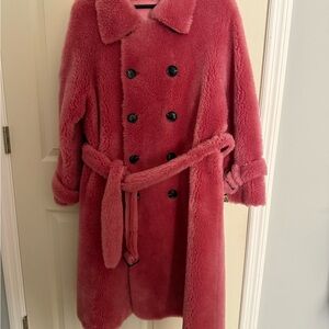 Pink wool lamb shearling coat, belted, double-breasted